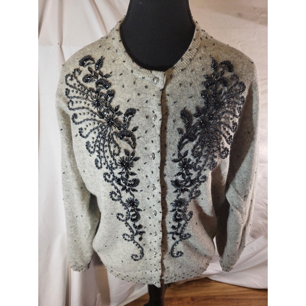 Vivien Forest Cardigan Sweater Wool Beaded Cardigan Sweater Size Large